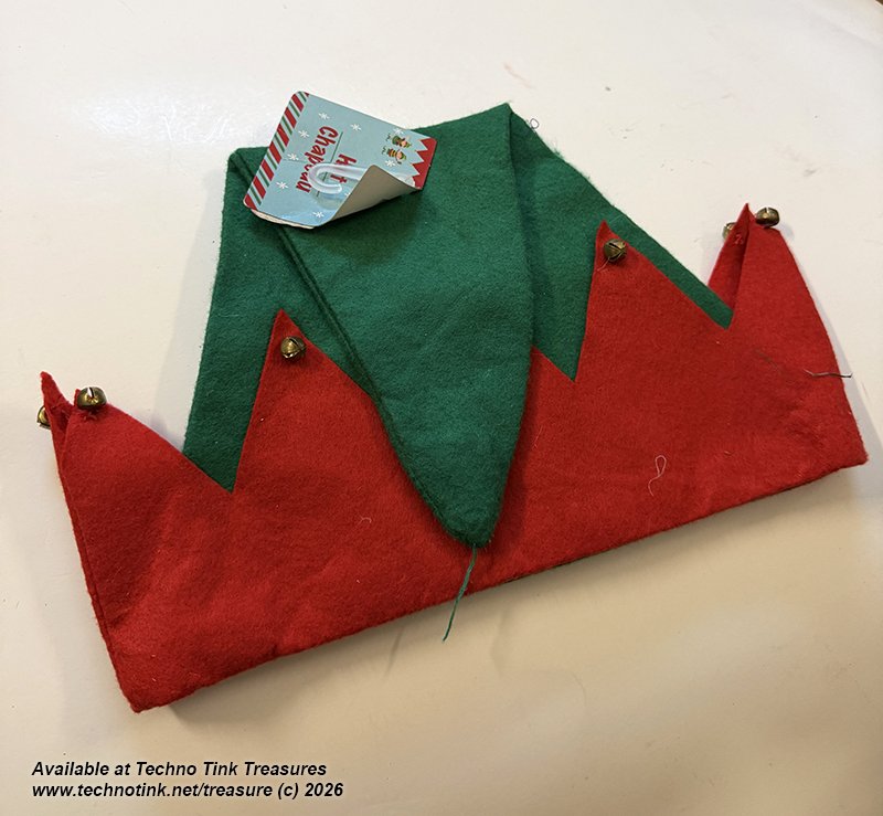 Elf: Green Felt Elf Hat with Red Triangular Trim with gold bells - Image 2