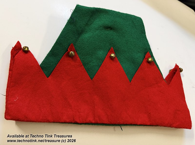 Elf: Green Felt Elf Hat with Red Triangular Trim with gold bells