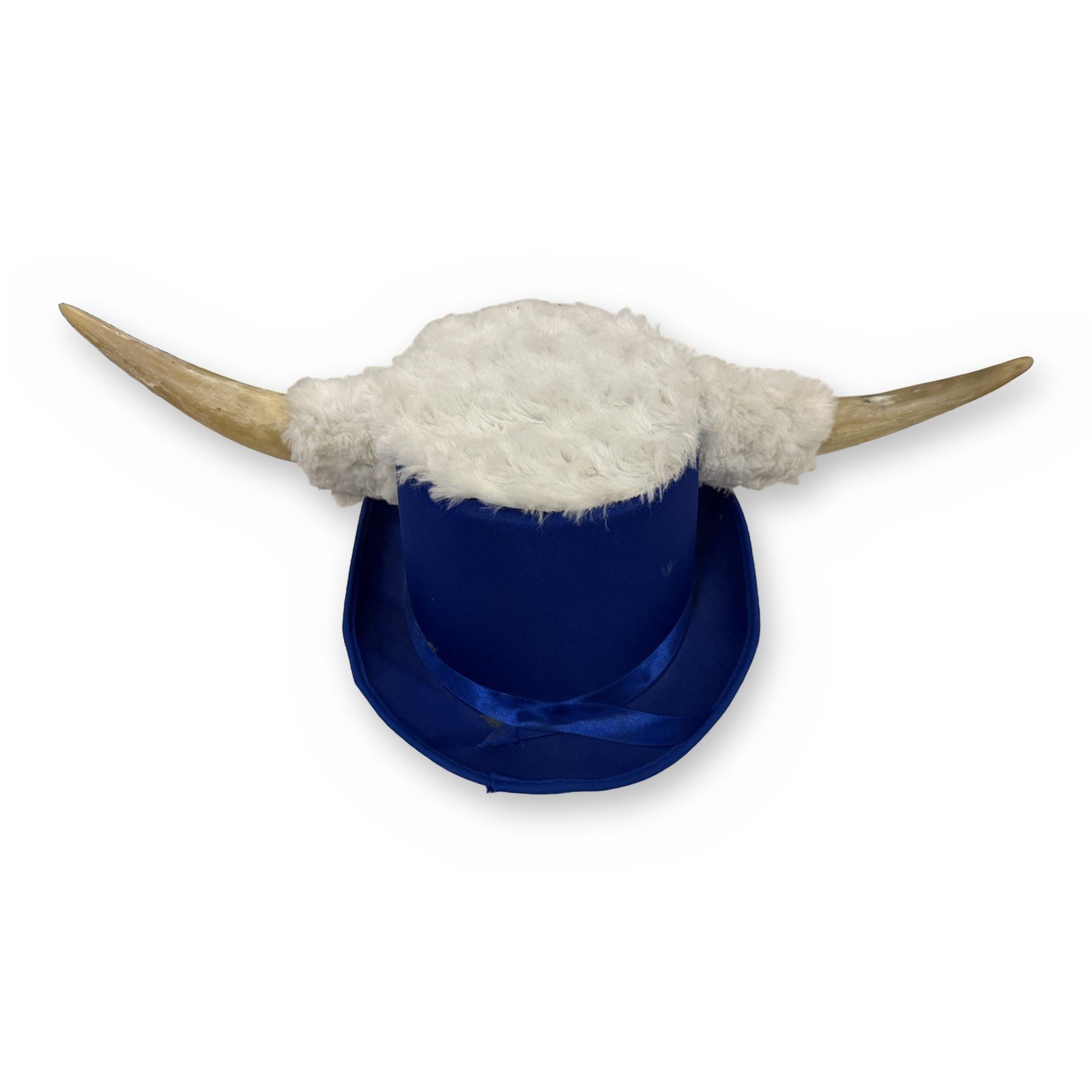 Royal Blue Top Hat with Horns & White Furry Cap Viking Bull Costume NEW - Image 2