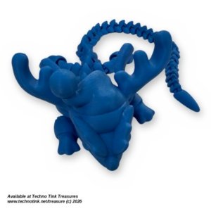 Articulated Yule Christmas Dragon 3D Printed Flexi, Antlers - Blue, Gold, White